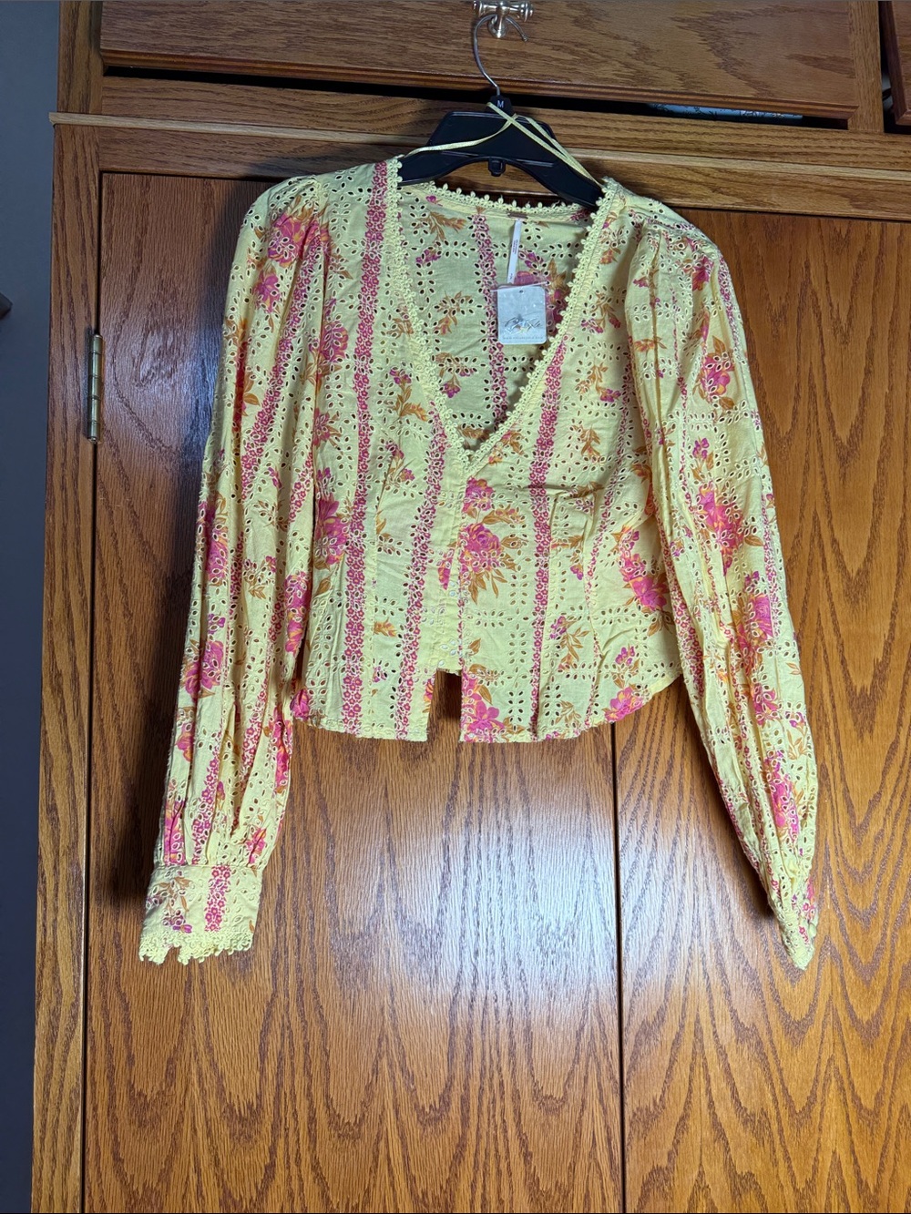 Free People Yellow Eyelet Floral V-Neck Button Front Top - Picture 3 of 4